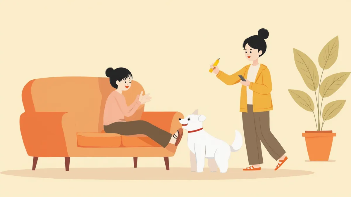 거실에서 클리커로 강아지를 훈련하는 보호자