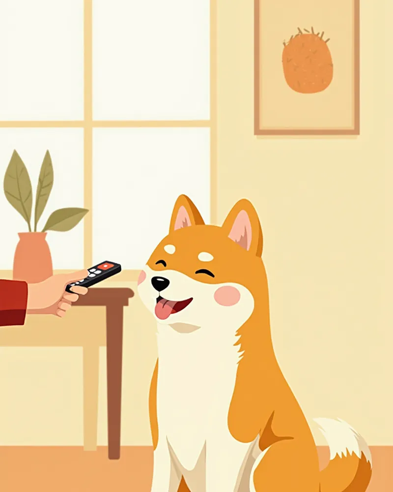 앉아 훈련 중인 강아지와 클리커를 든 보호자 손