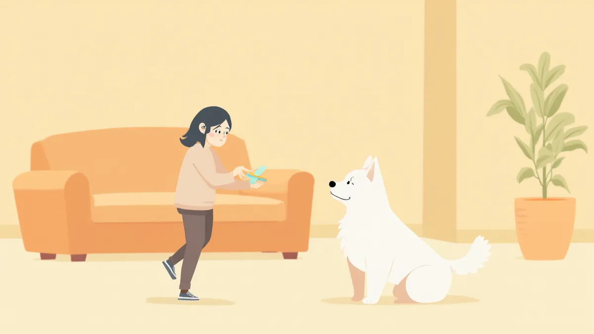 클리커를 들고 강아지와 눈을 맞추는 보호자