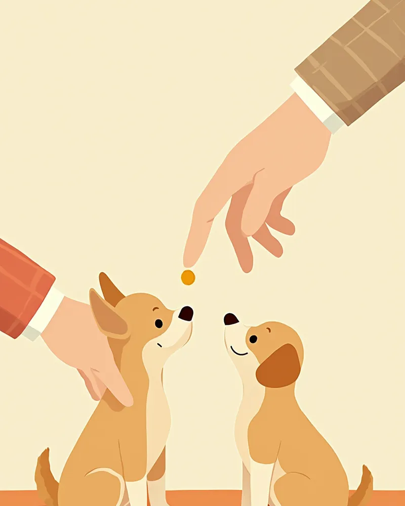 강아지에게 간식을 주며 클리커를 누르는 모습