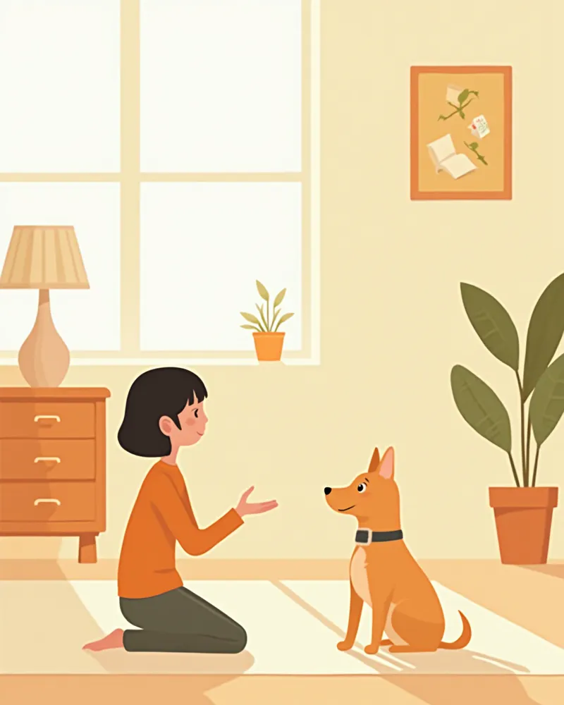 강아지가 신호어에 맞춰 앉기를 수행하는 모습