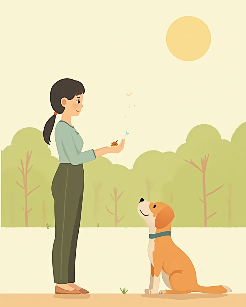 공원에서 클리커 훈련을 하는 보호자와 강아지