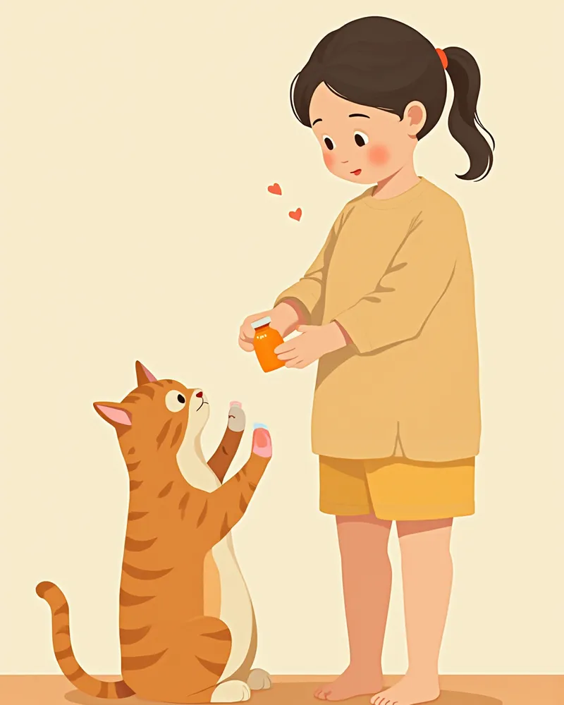 고양이에게 약을 먹이기 전 보호자가 살펴보는 모습