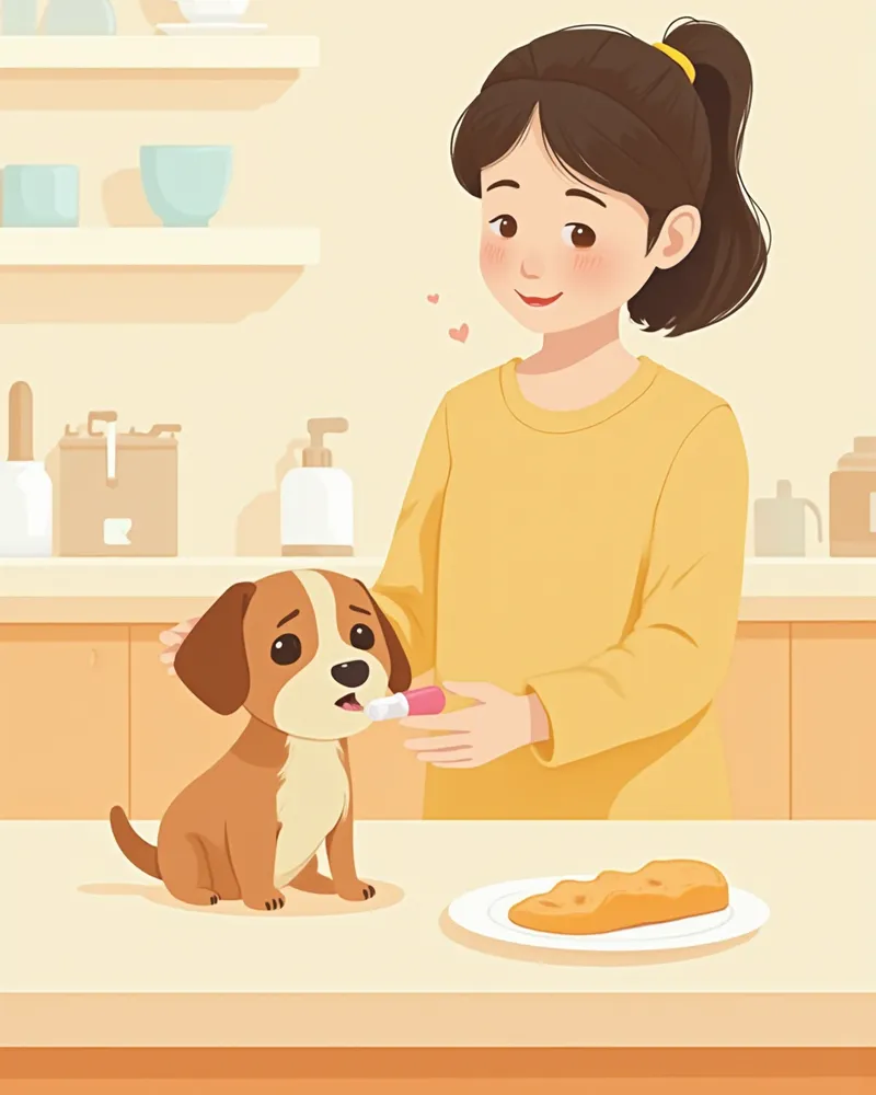 강아지에게 약을 먹이는 보호자