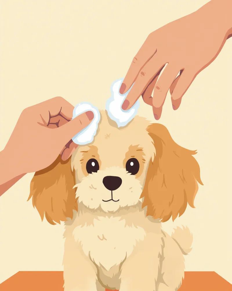 코카푸의 늘어진 귀를 부드럽게 관리하는 모습