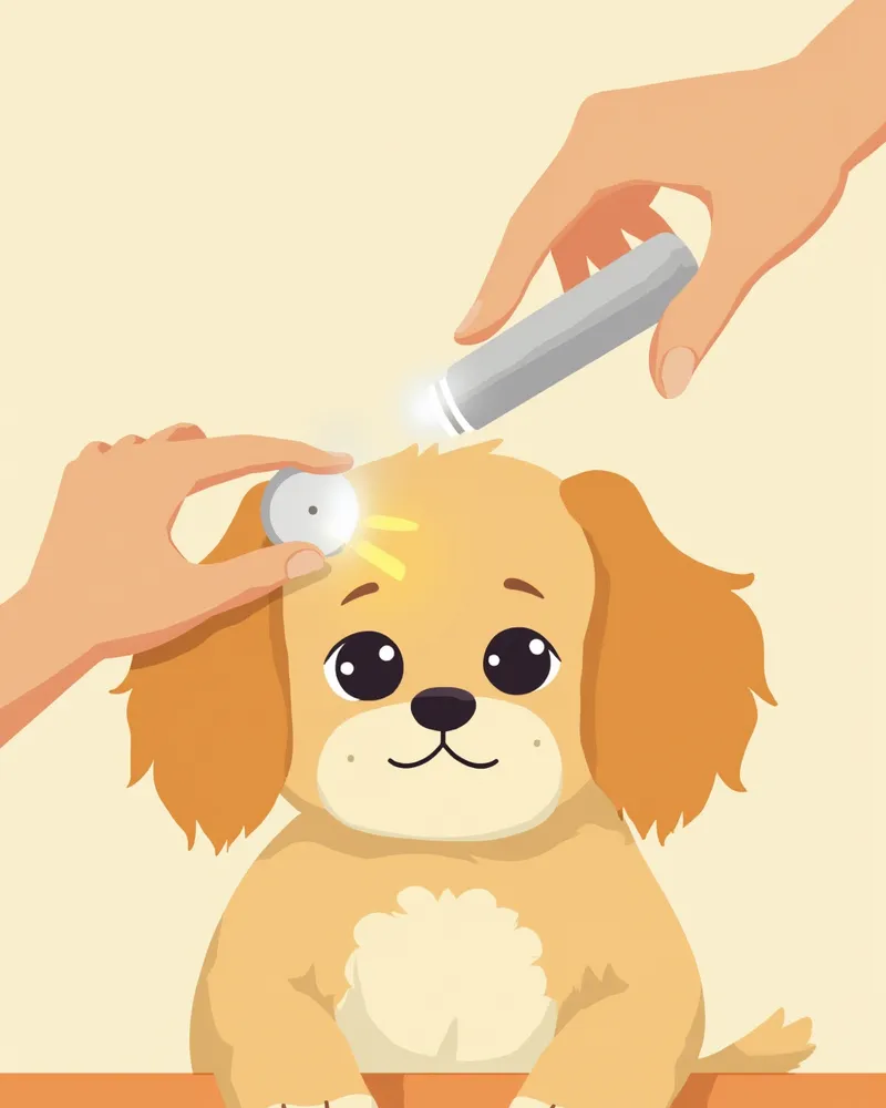 수의사가 코카푸의 눈을 검진하는 모습