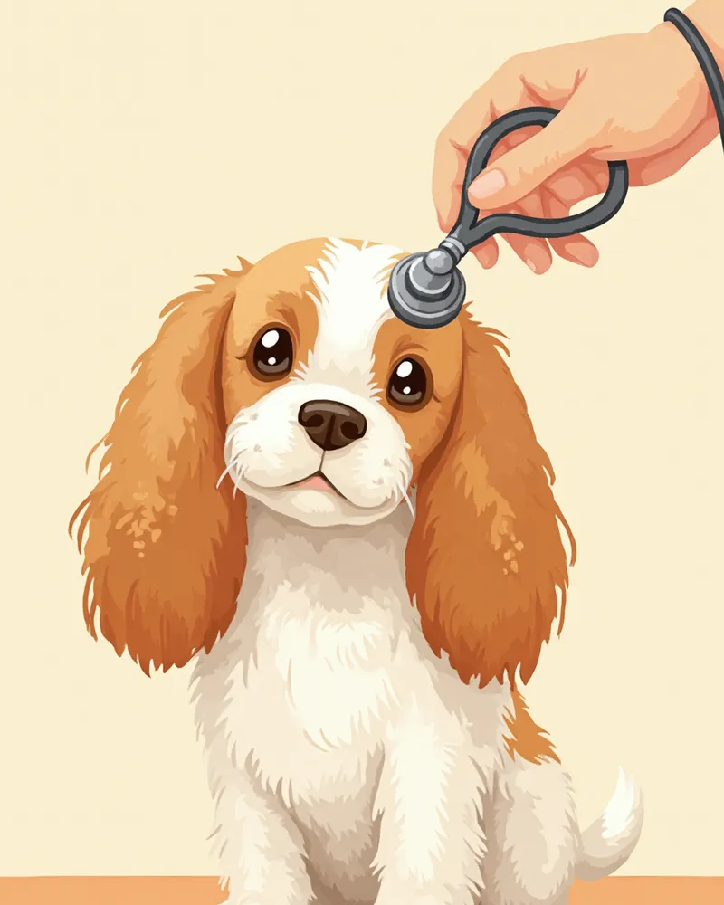 수의사가 코카스파니엘의 늘어진 귀를 살펴보는 모습