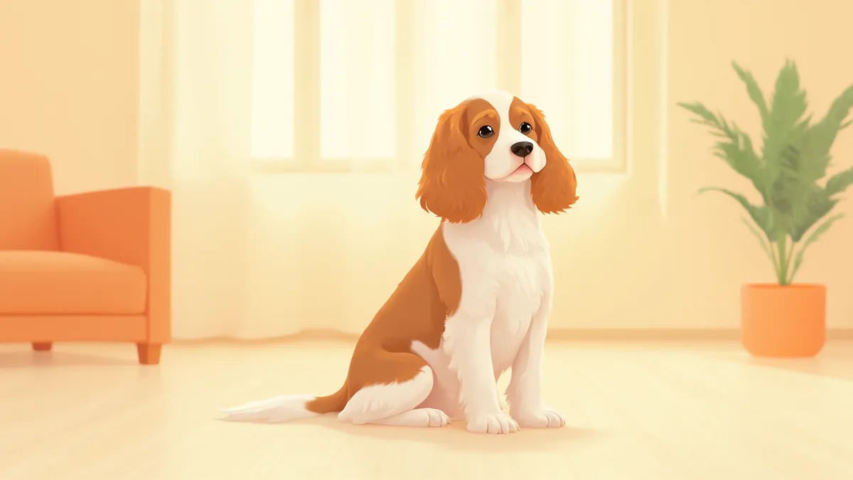 긴 귀와 부드러운 피모를 가진 코카스파니엘이 거실에 앉아 있는 모습