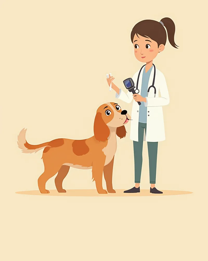 수의사가 코카스파니엘의 늘어진 귀를 검이경으로 검사하는 모습