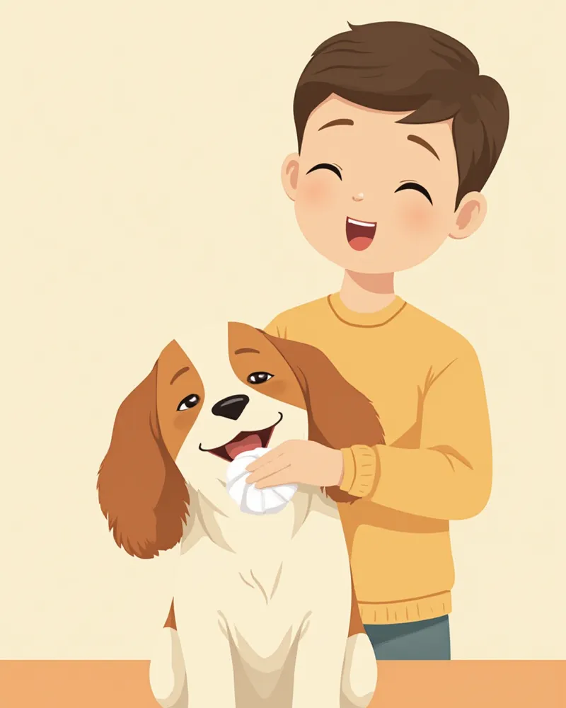 보호자가 코카스파니엘의 귀를 부드럽게 닦아주는 모습