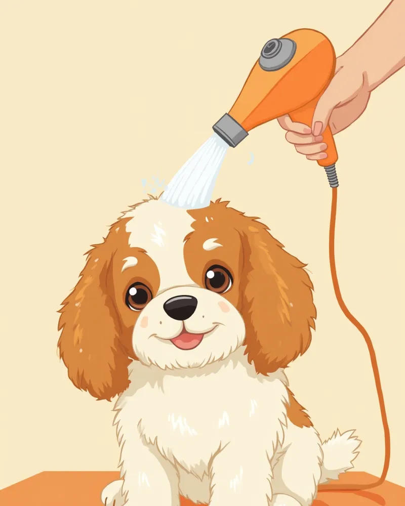 목욕 후 드라이를 받는 코카스파니엘