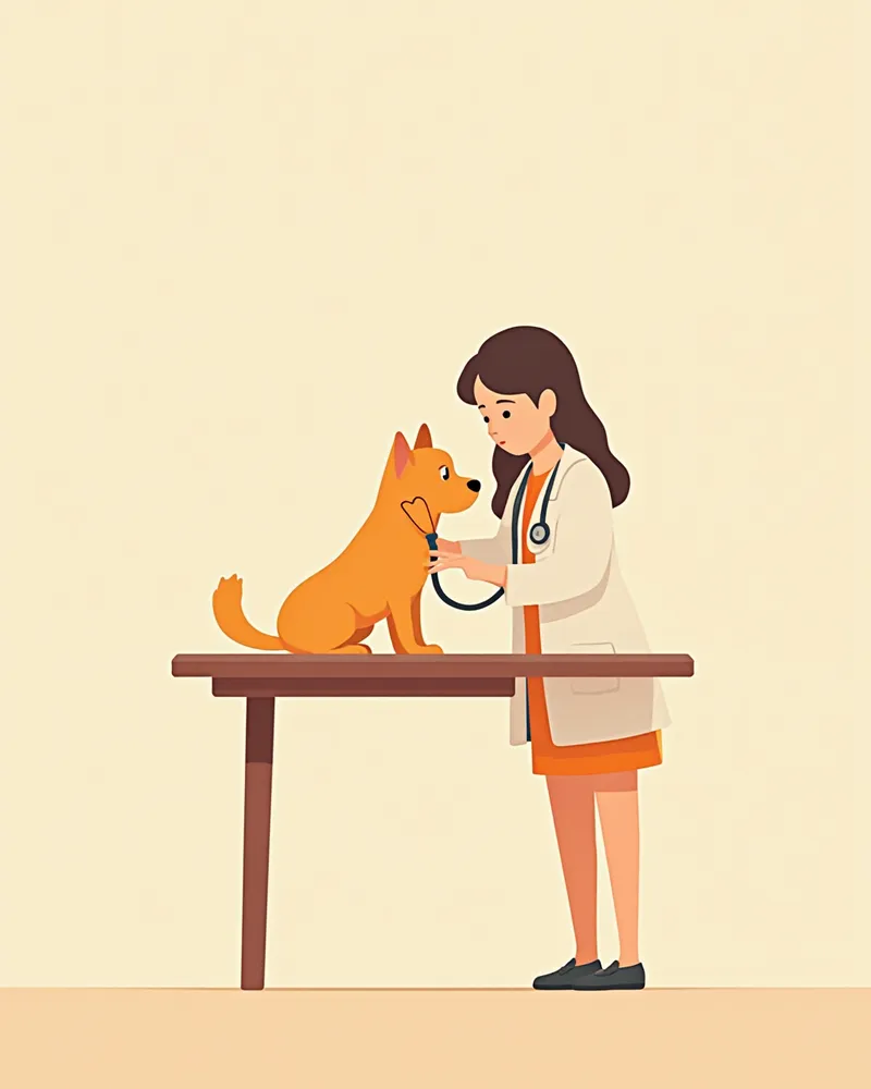 수의사가 청진기로 강아지 심장을 검사하는 모습