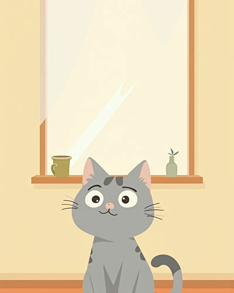 혼란스러워 보이는 노령 고양이가 창가에 앉아 있는 모습