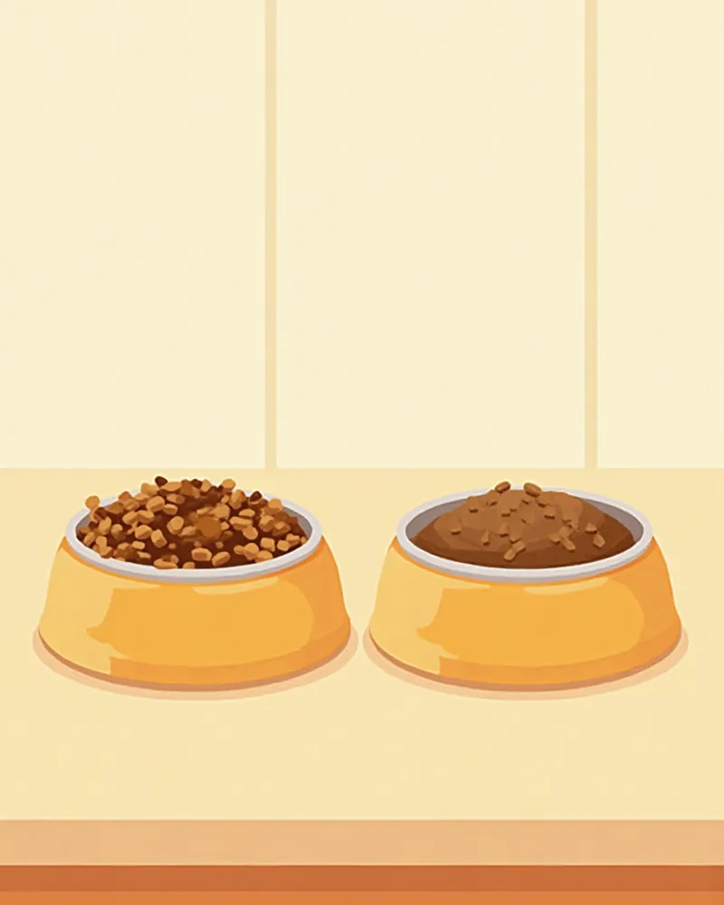 노령 반려동물 사료를 점진적으로 전환하는 두 개의 그릇 사진