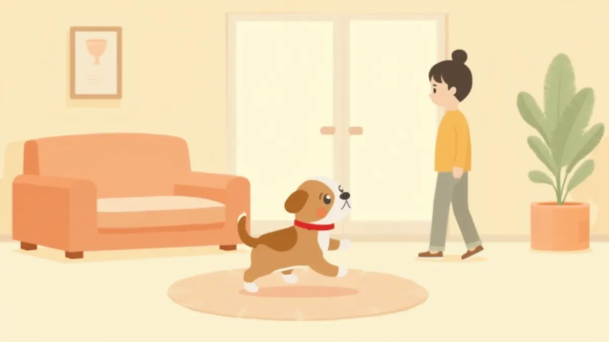 꼬리를 쫓으며 맴도는 강아지를 걱정스럽게 바라보는 보호자