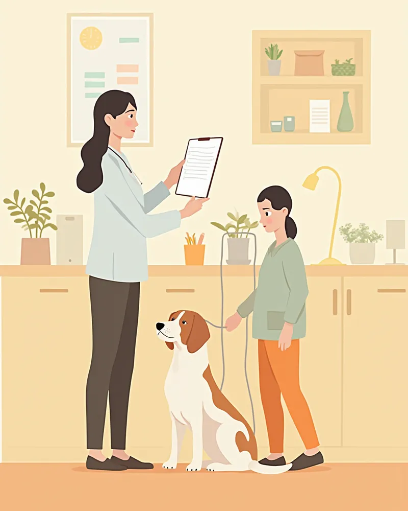 행동 일지를 참고하며 강아지를 진료하는 수의사