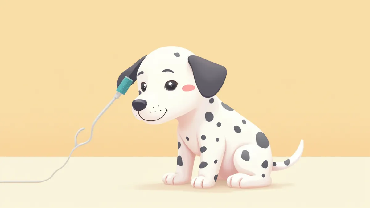 수의사가 달마시안 강아지의 귀를 진찰하는 모습