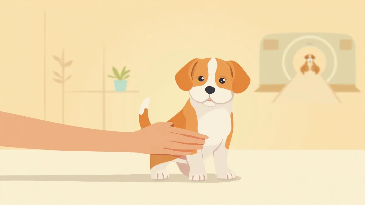 조영 검사실에서 수의사 품에 안긴 강아지