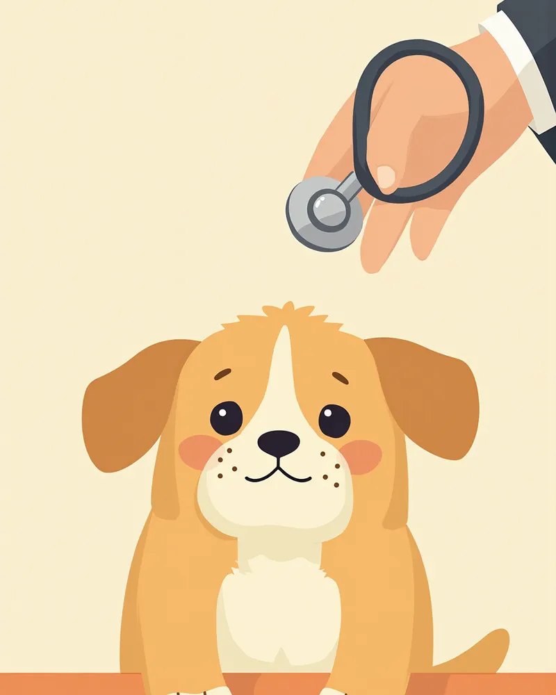 얼굴이 부은 강아지를 청진하는 수의사