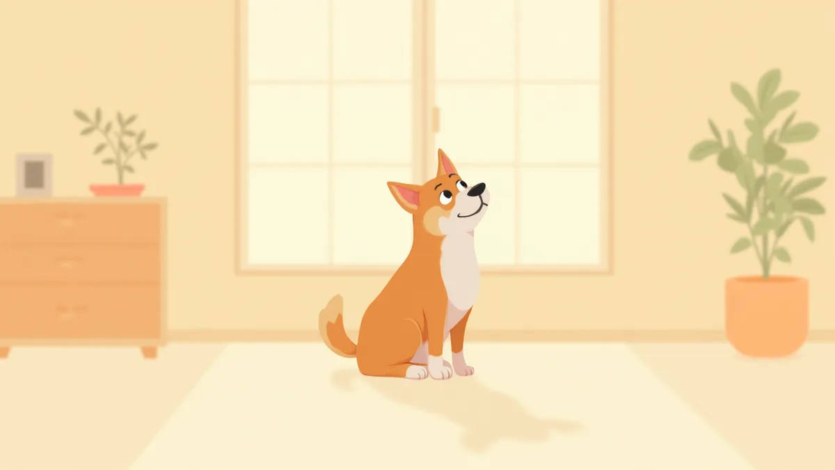 집안에서 호기심 어린 표정으로 올려다보는 강아지