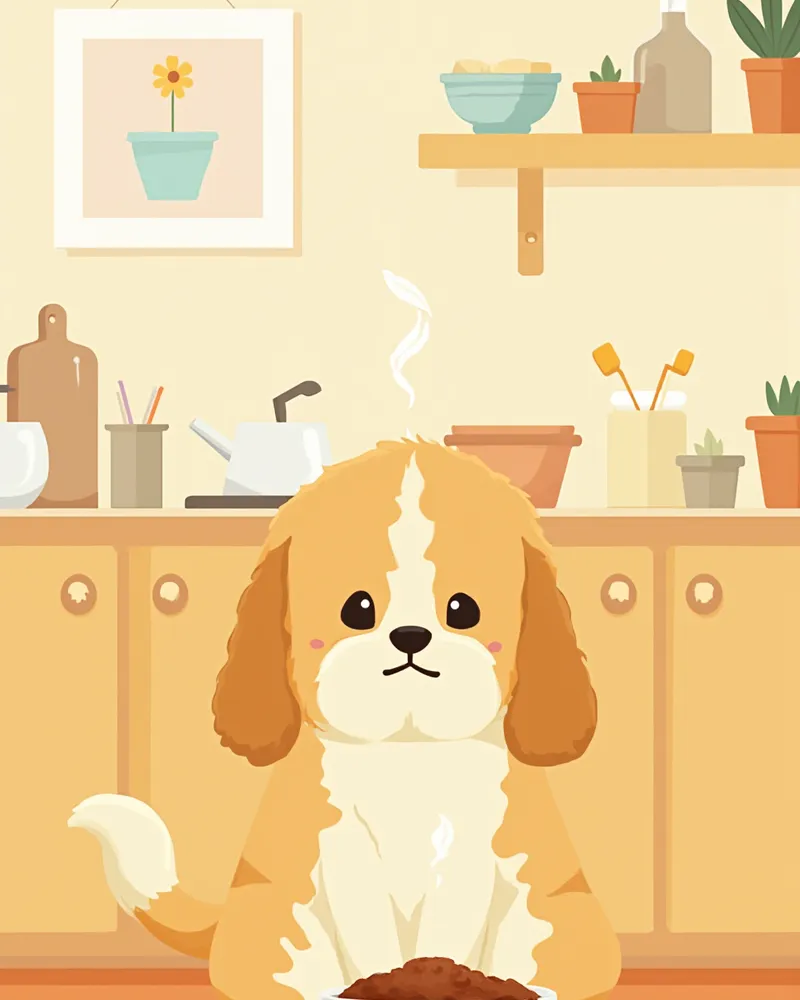 밥그릇 앞에서 약간 불안한 표정을 짓는 강아지