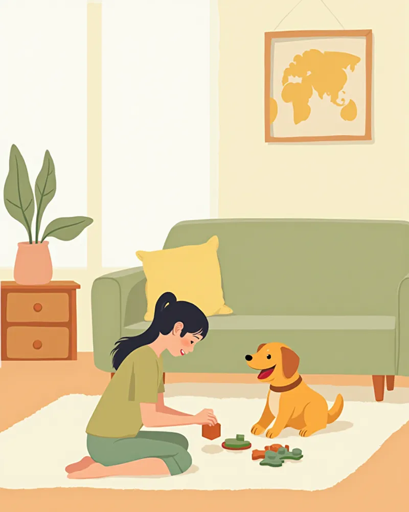 거실에서 강아지와 노즈워크 장난감으로 놀아주는 보호자