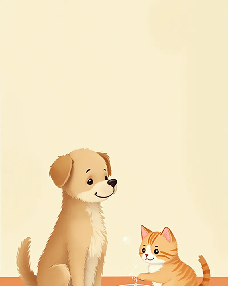 물을 마시는 노령 강아지와 고양이