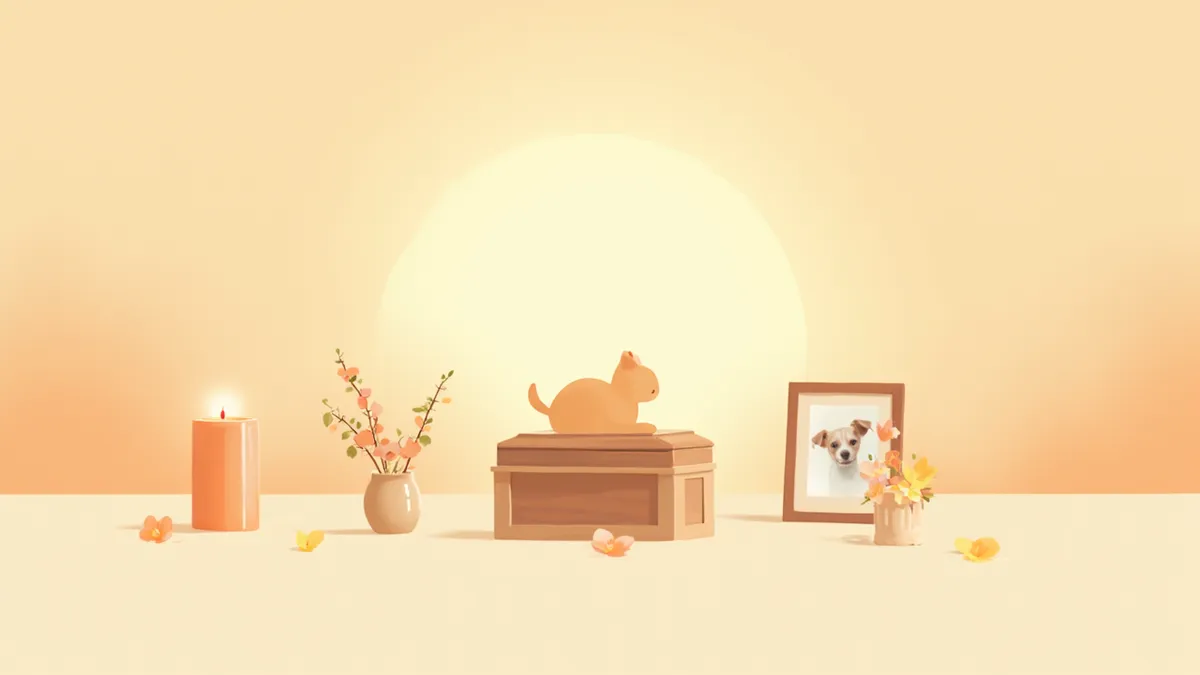 유골함과 꽃, 사진이 놓인 반려동물 추모 제단