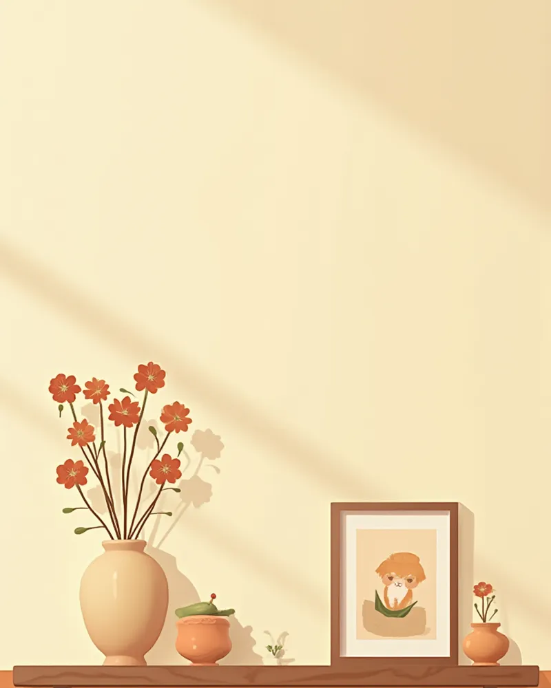 선반에 놓인 반려동물 유골함과 말린 꽃 장식