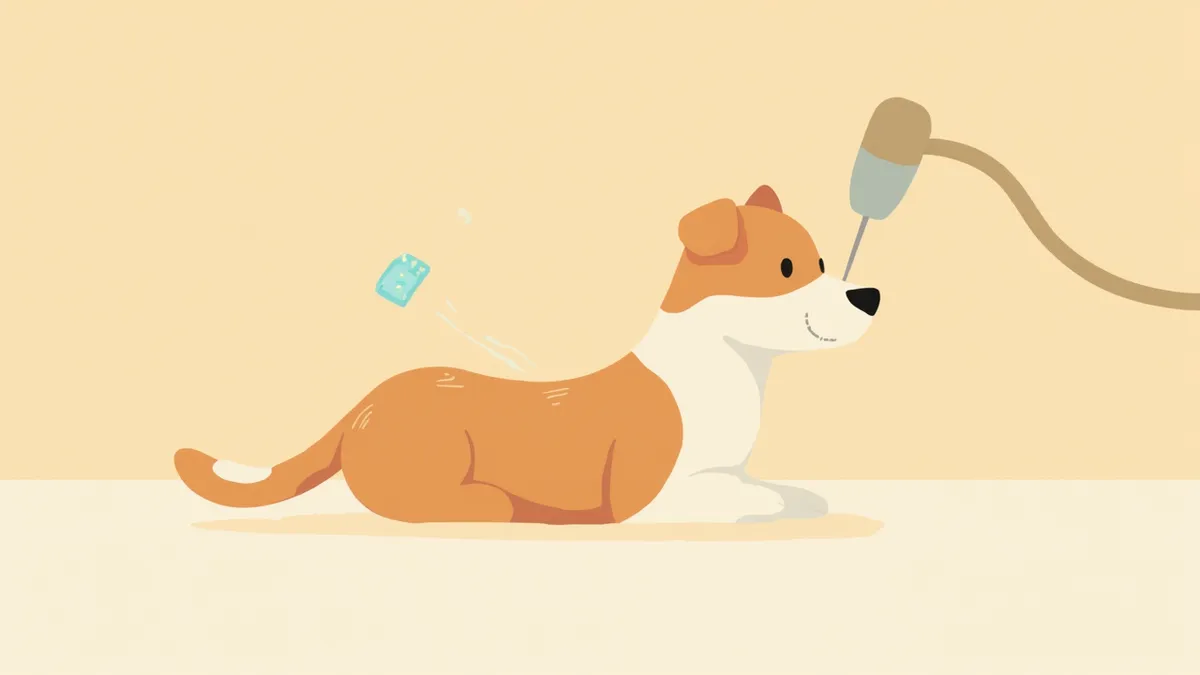 강아지 피부 혹에 냉동 프로브를 가까이 댄 모습