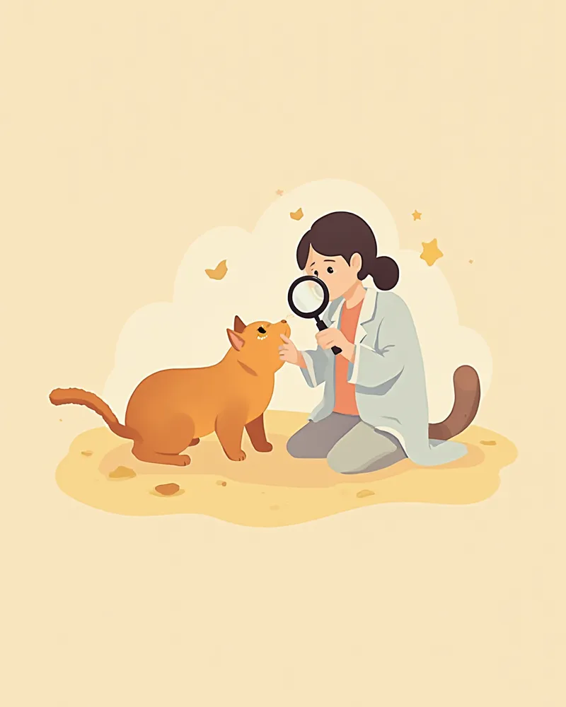 고양이 눈꺼풀 작은 혹을 확대경으로 살펴보는 수의사