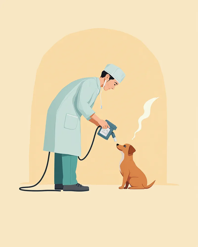 진정 상태 강아지 옆에서 액체질소 분사 장치를 든 수의 테크니션