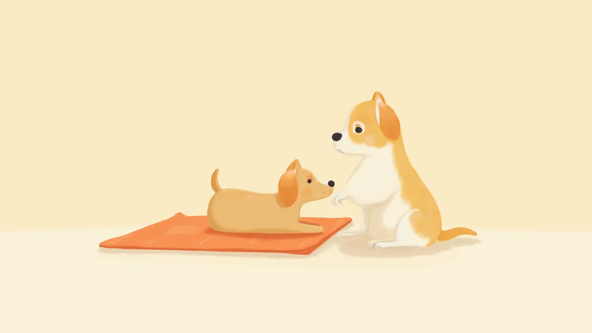 진료대 위에서 부드럽게 진찰받는 작은 강아지