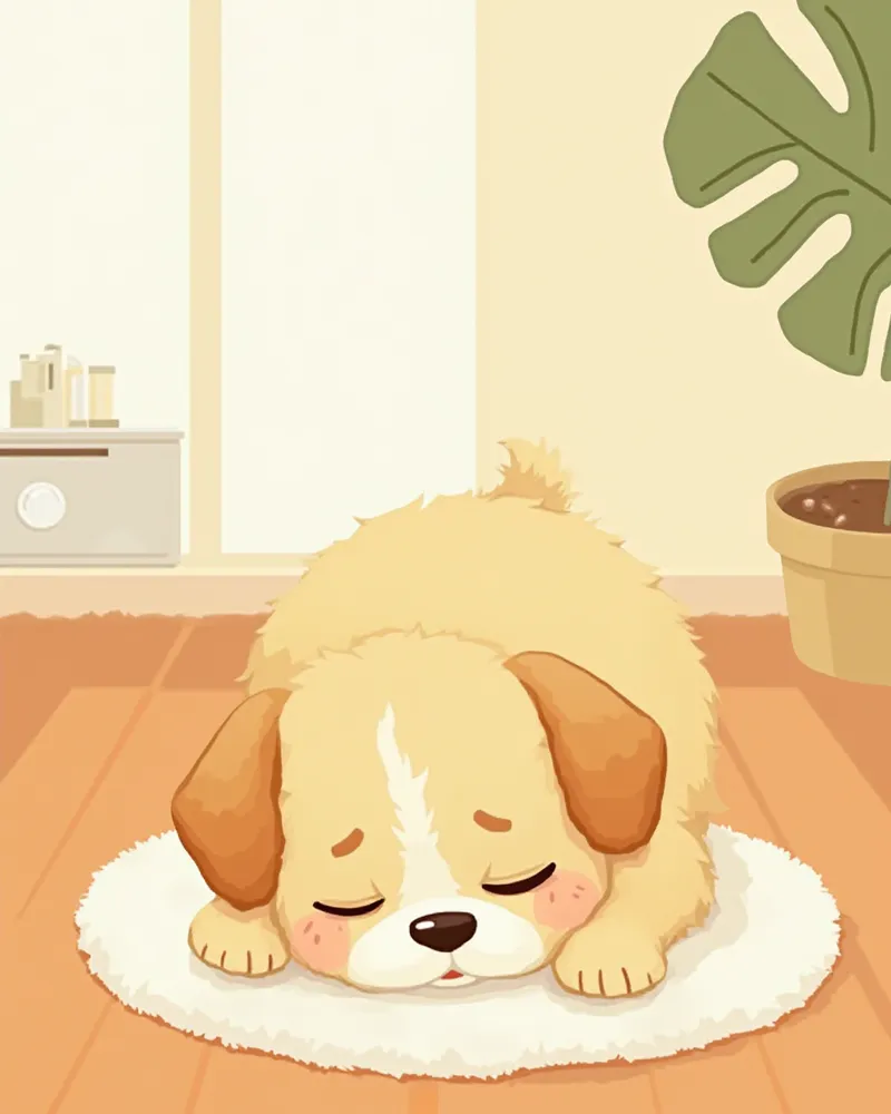 기운 없이 부드러운 러그 위에 엎드린 강아지와 물그릇