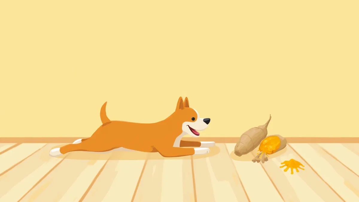 강황 뿌리·가루 옆에서 다리를 뻗고 쉬는 노령견