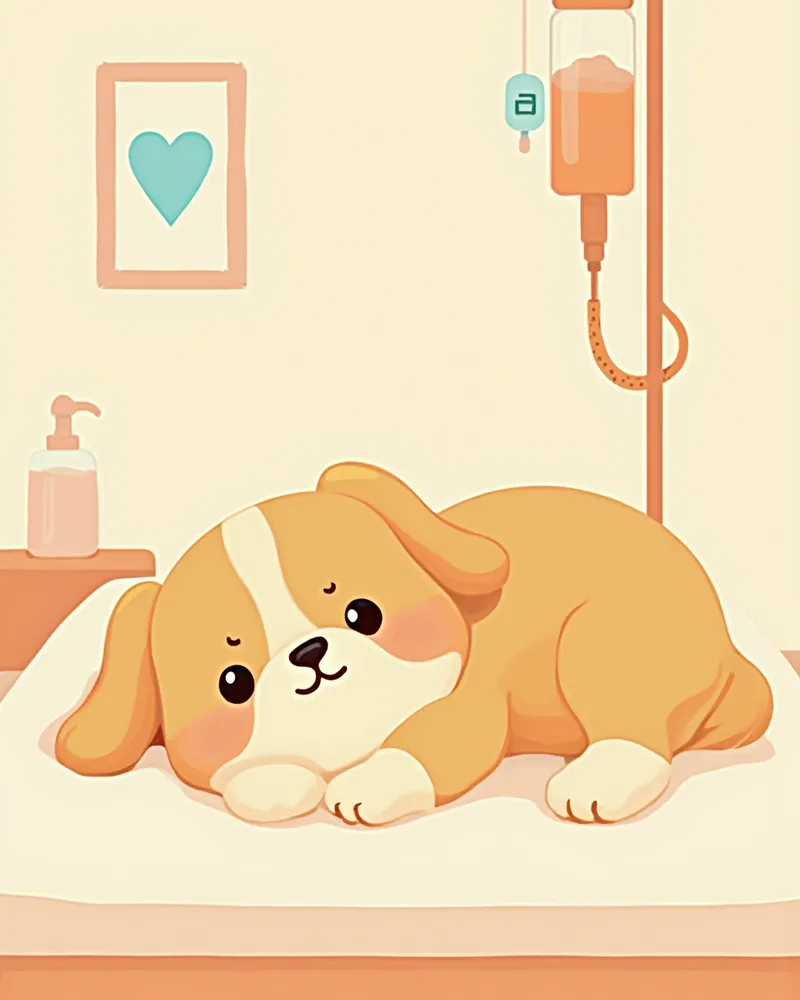 수술 전 수액을 맞으며 안정하고 있는 강아지