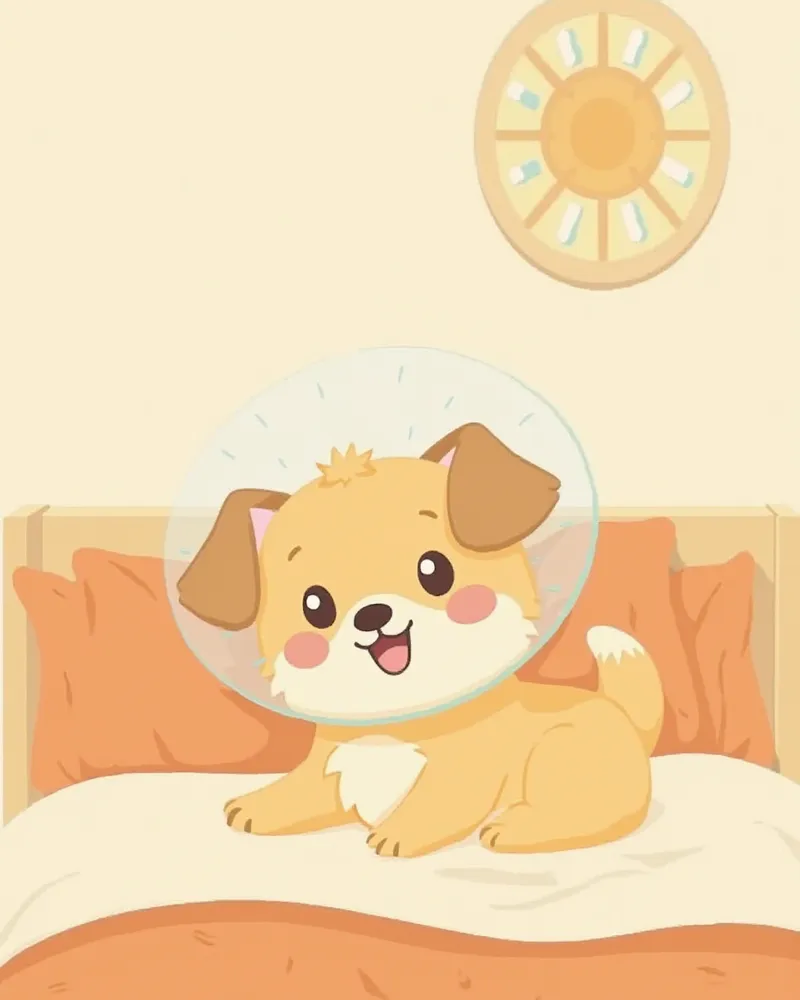 넥카라를 착용하고 집에서 회복 중인 강아지