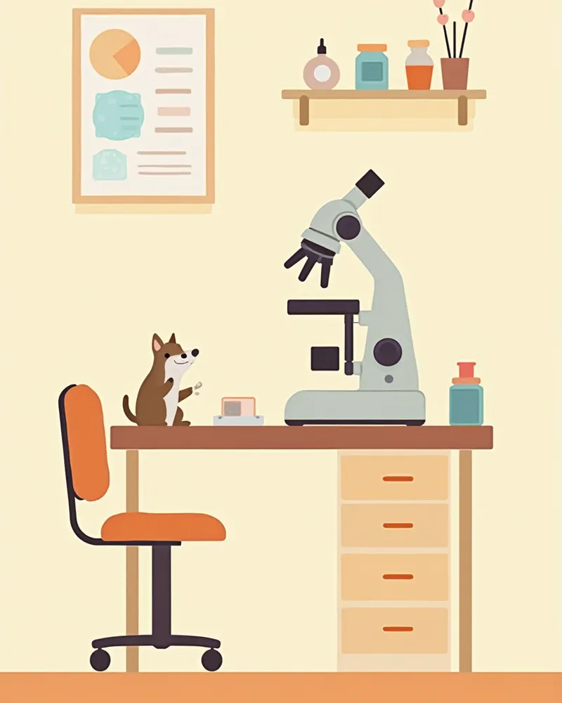 수의 병리학 실험실에서 현미경과 조직 검체 슬라이드가 놓인 모습