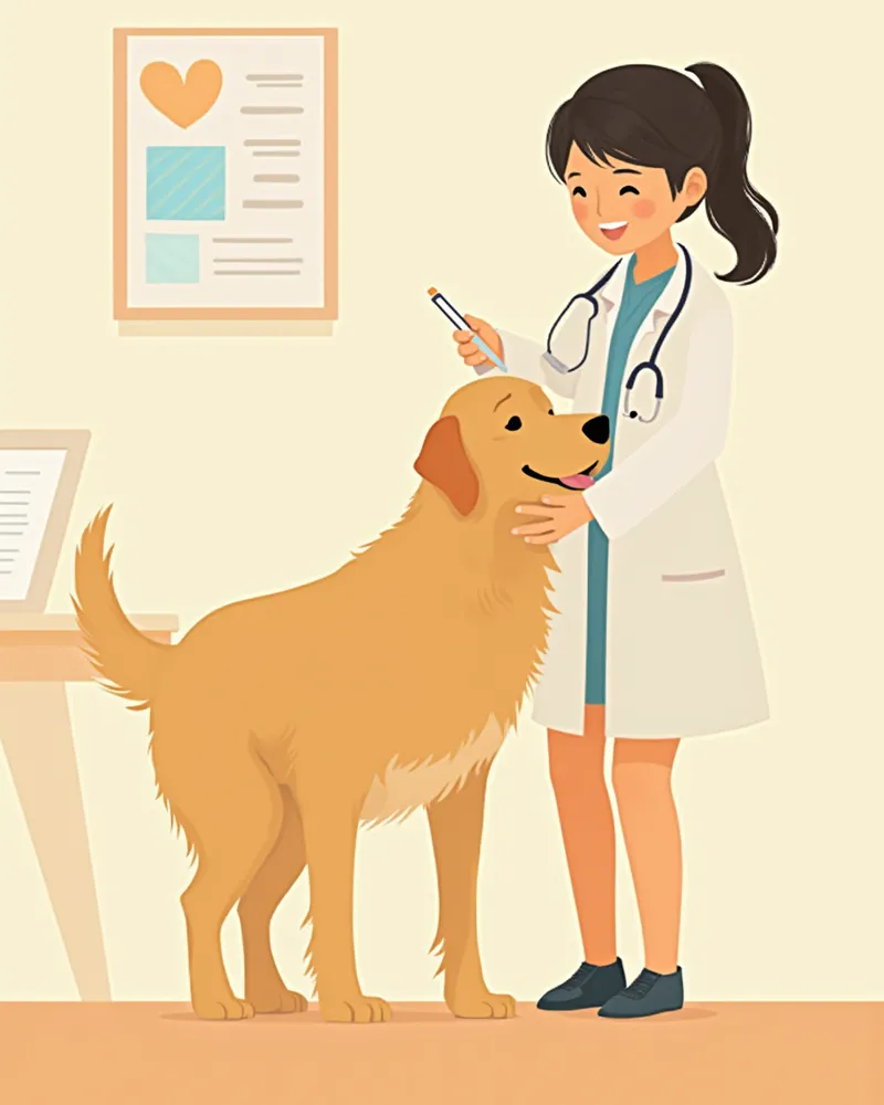 수의사가 보정된 골든리트리버에게 세침흡인검사를 진행하는 모습