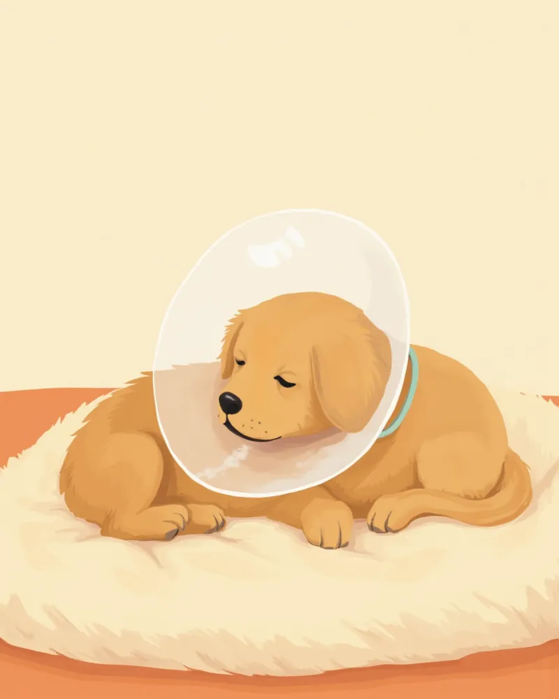 넥카라를 착용한 강아지가 집에서 편안하게 쉬고 있는 모습