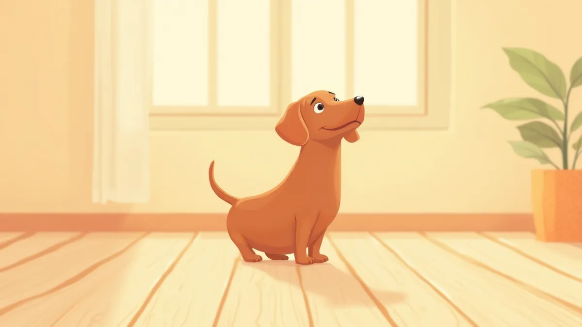 거실에서 카메라를 올려다보는 빨간색 닥스훈트