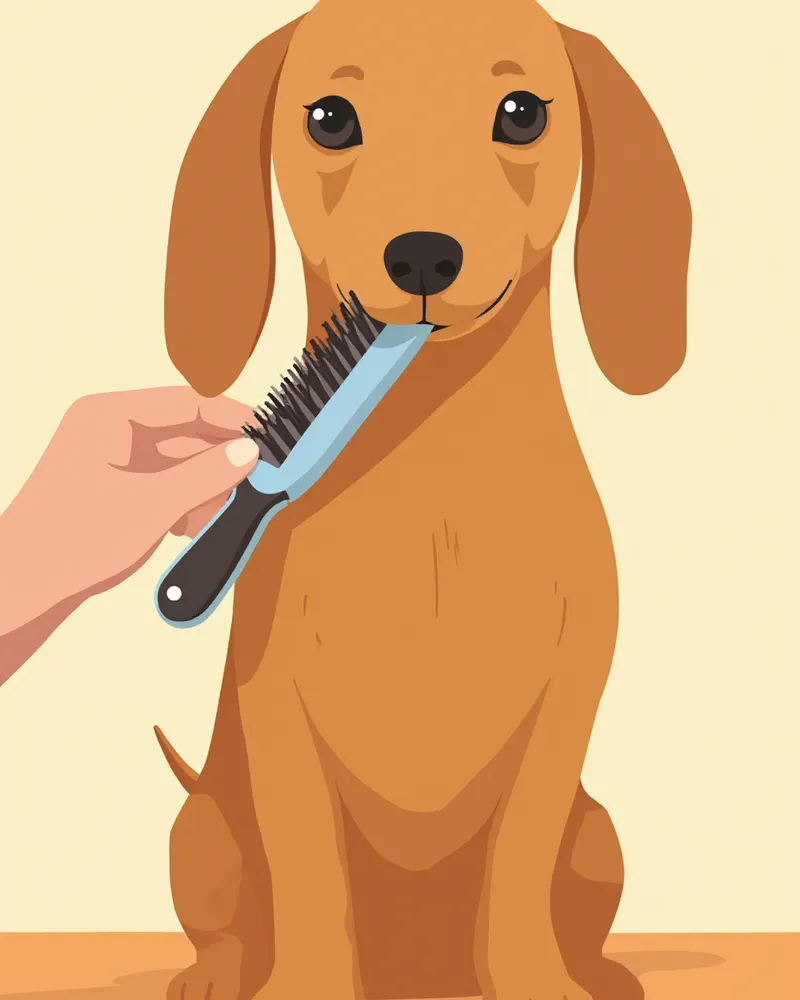 단모 닥스훈트가 고무 브러시로 빗질받는 모습