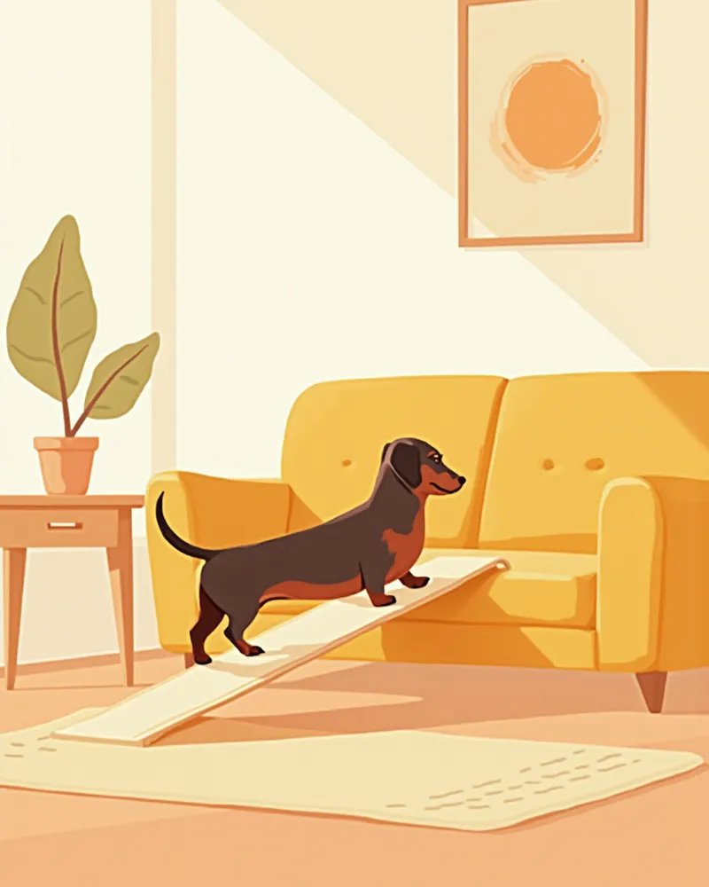 반려견용 경사로를 이용하는 닥스훈트 일러스트