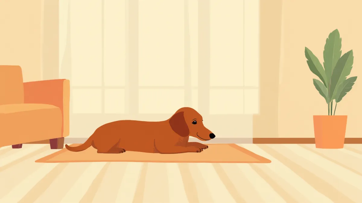 소파 옆에 강아지 램프가 설치된 거실에서 휴식 중인 닥스훈트