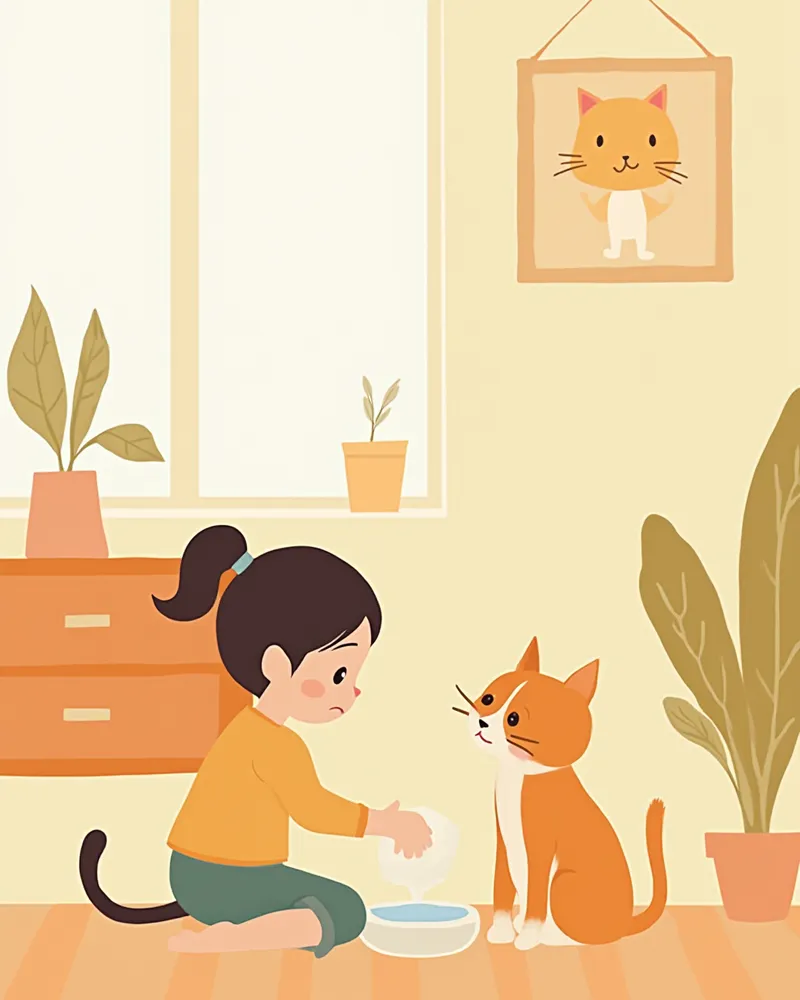 집에서 고양이에게 물그릇을 건네는 보호자의 모습