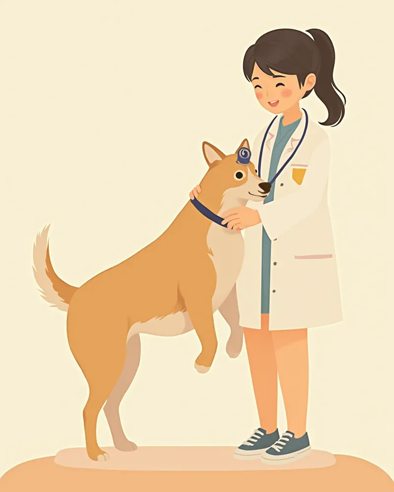 수의사가 피부 진단 기구로 강아지 피부를 검사하는 모습