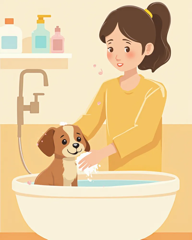 보호자가 강아지에게 약용 샴푸를 해주는 모습