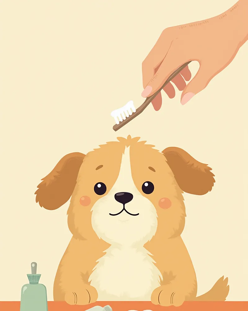 손가락 칫솔로 양치하는 강아지 일러스트