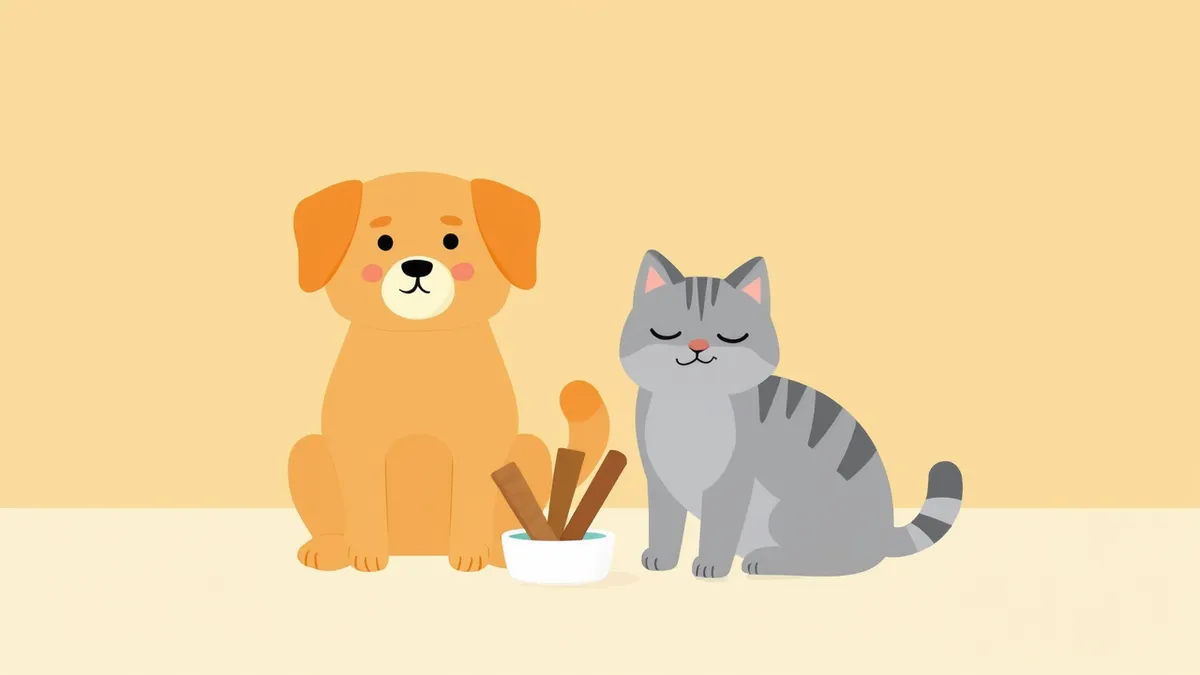 덴탈껌과 수첨가제를 앞에 둔 강아지와 고양이