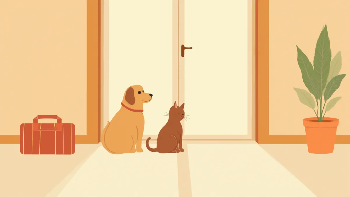 현관 근처에 준비된 반려동물 비상 키트 옆에 앉아 있는 강아지와 고양이